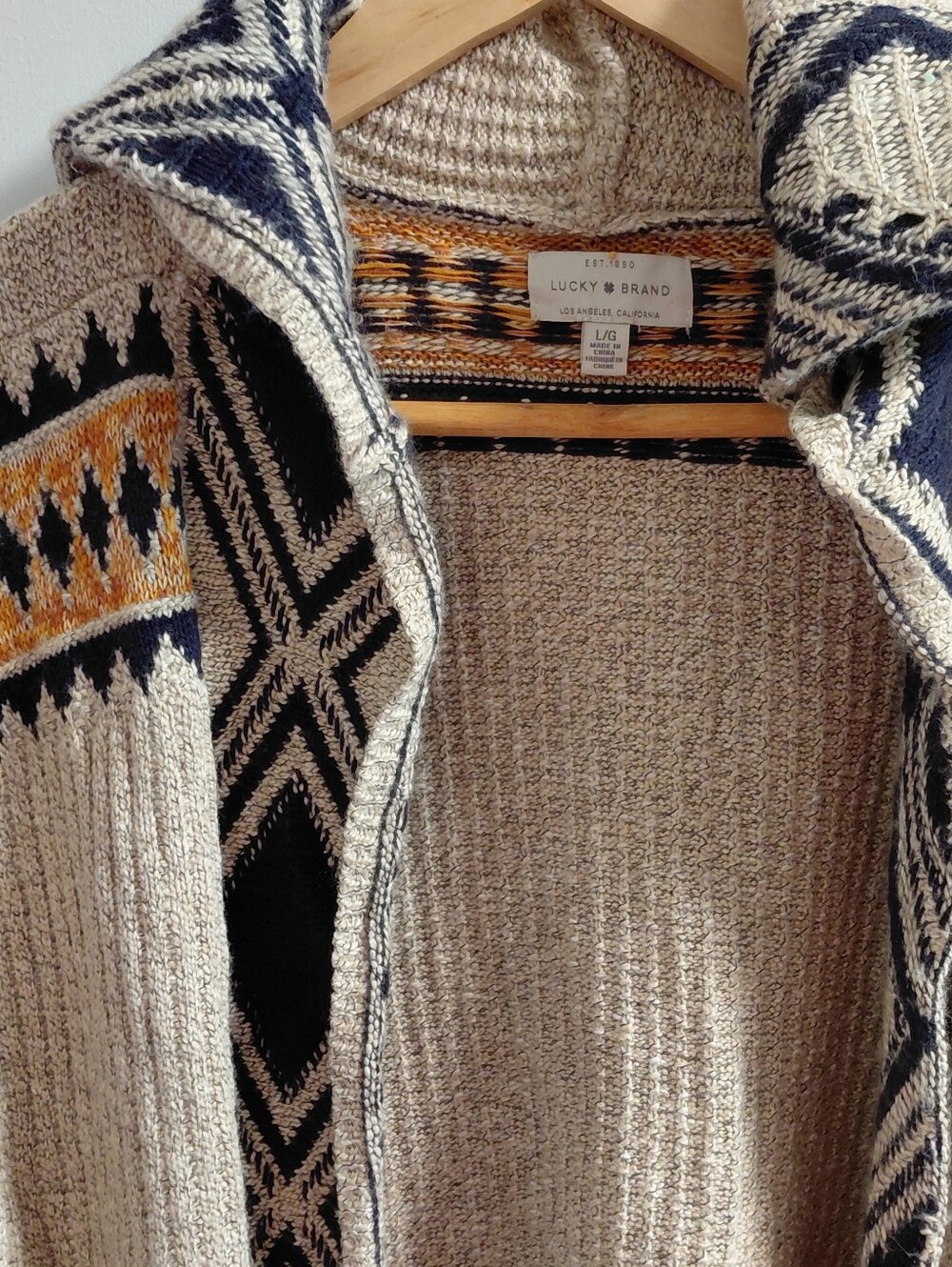 Lucky Brand Yellow Cream Knit Open Front Aztec-Pattern Cardigan Sweater W/Hood - Picture 4 of 11